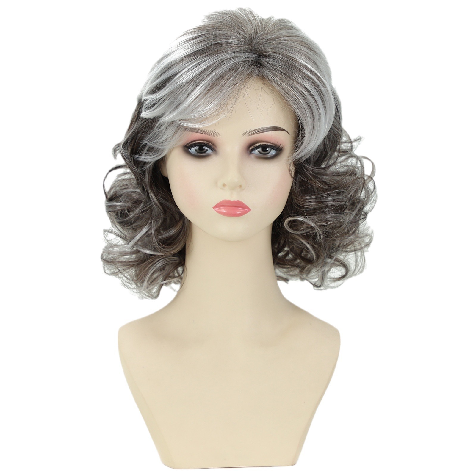 Wig, women's short curly hair, gray gradient