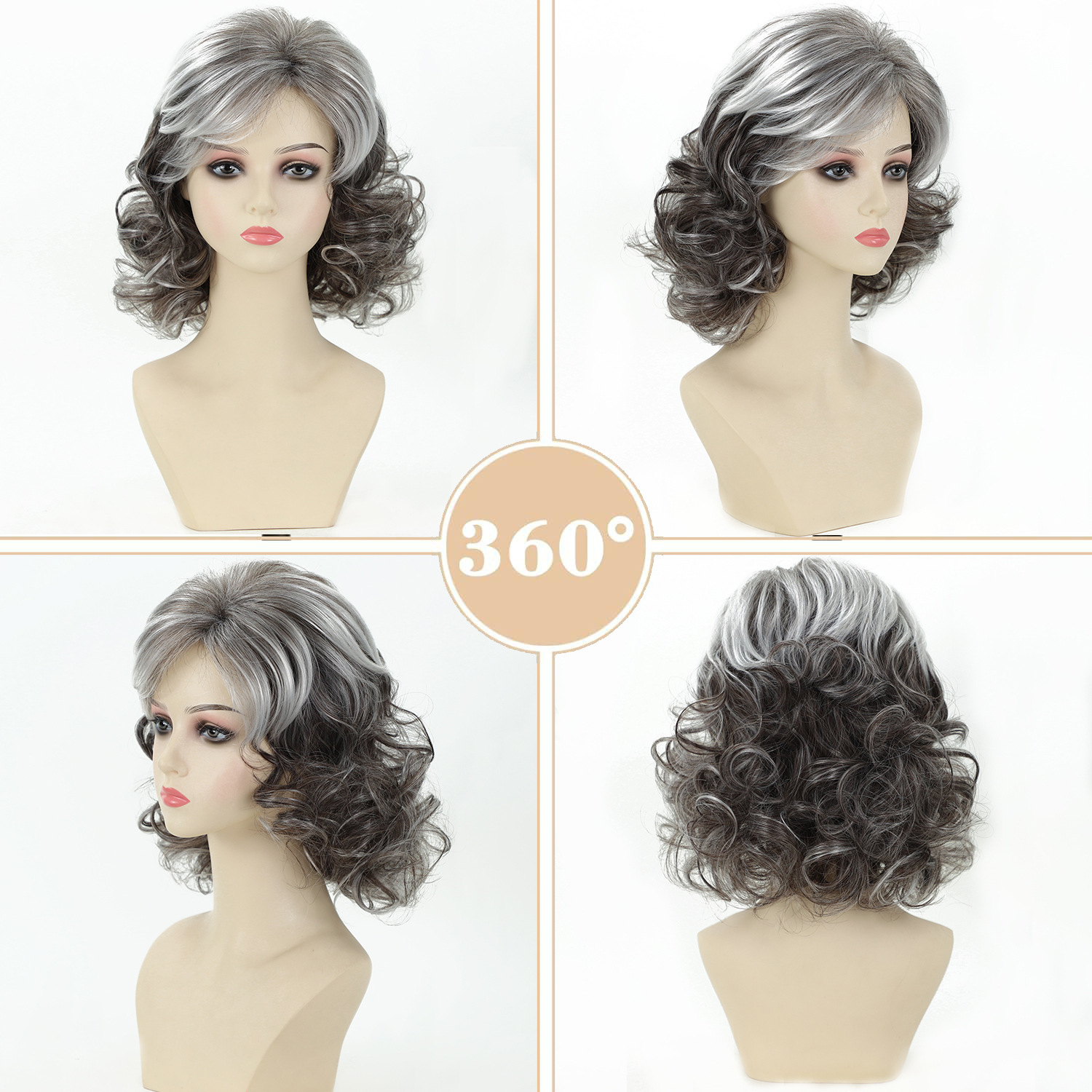 Wig, women's short curly hair, gray gradient