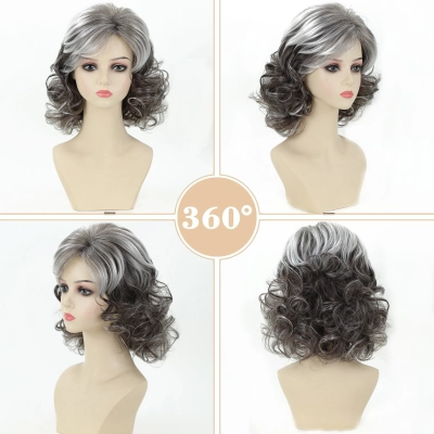 Wig, women's short curly hair, gray gradient 02