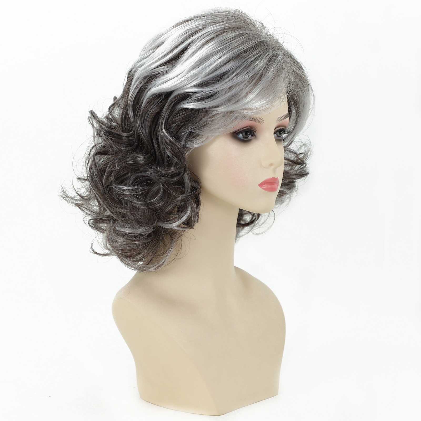 Wig, women's short curly hair, gray gradient