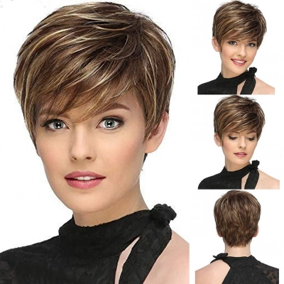 Wig for women, short straight hair, color selection, brown gold  01