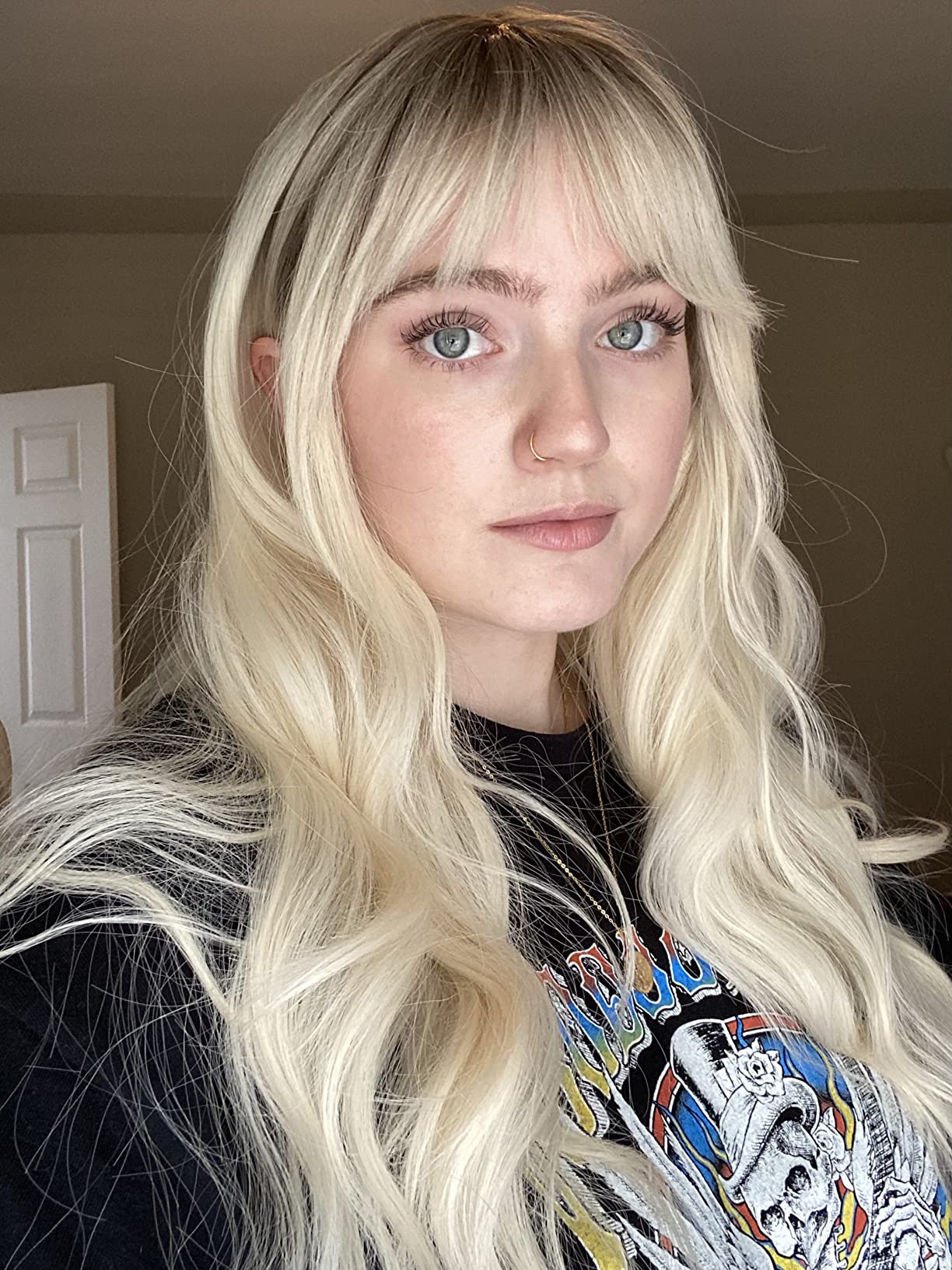 Golden long wavy curly wig with natural fluffy air bangs review Kenny 01