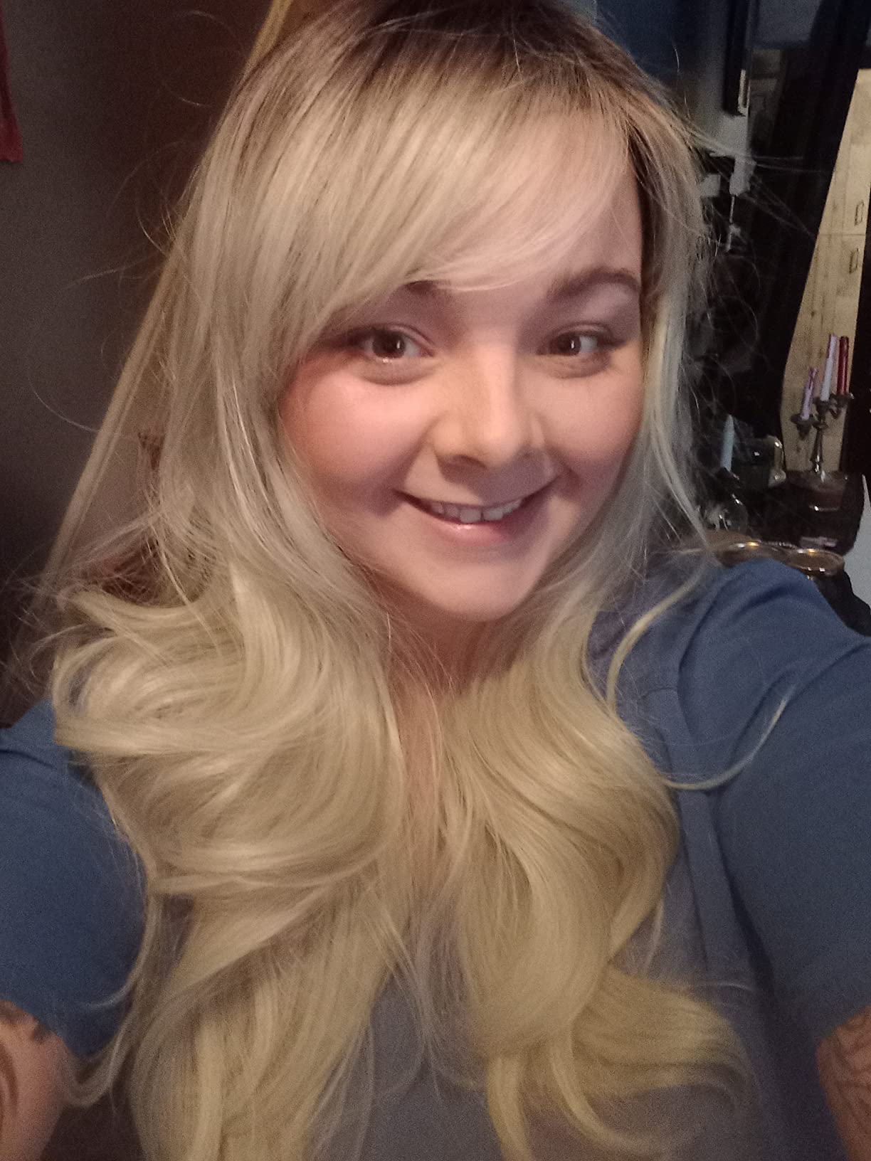 Golden long wavy curly wig with natural fluffy air bangs review Christine O'Grady