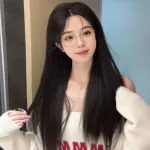 Waist-length black midsection bangs with long straight hair,wig