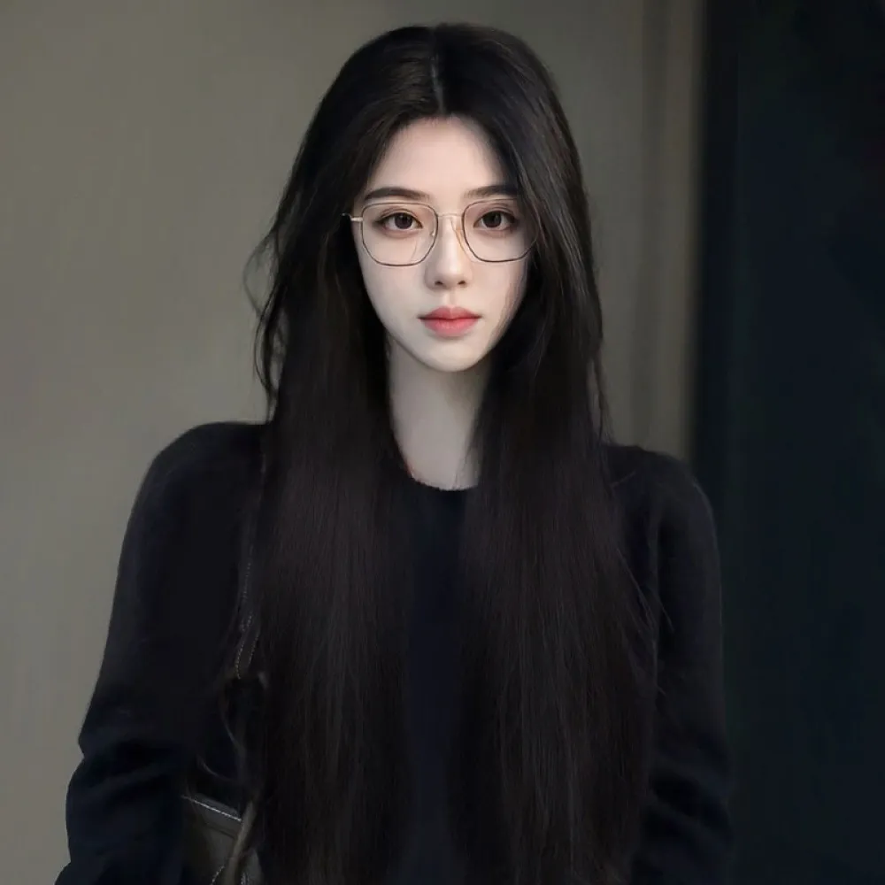 Waist-length black midsection bangs with long straight hair,wig