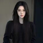 Waist-length black midsection bangs with long straight hair,wig