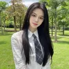 Waist-length black midsection bangs with long straight hair,wig