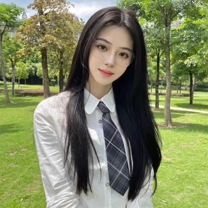 Waist-length black midsection bangs with long straight hair,wig