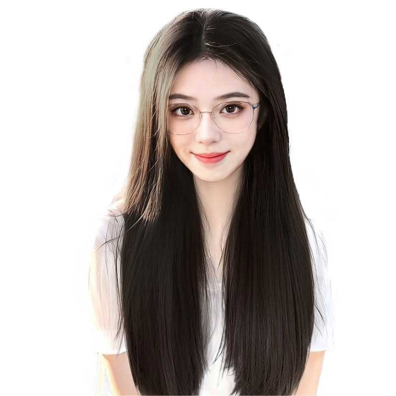 Waist-length black midsection bangs with long straight hair,wig