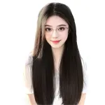 Waist-length black midsection bangs with long straight hair,wig