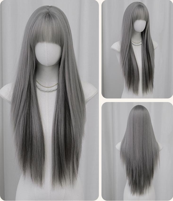 Bangs silver grey dyed long hair wig