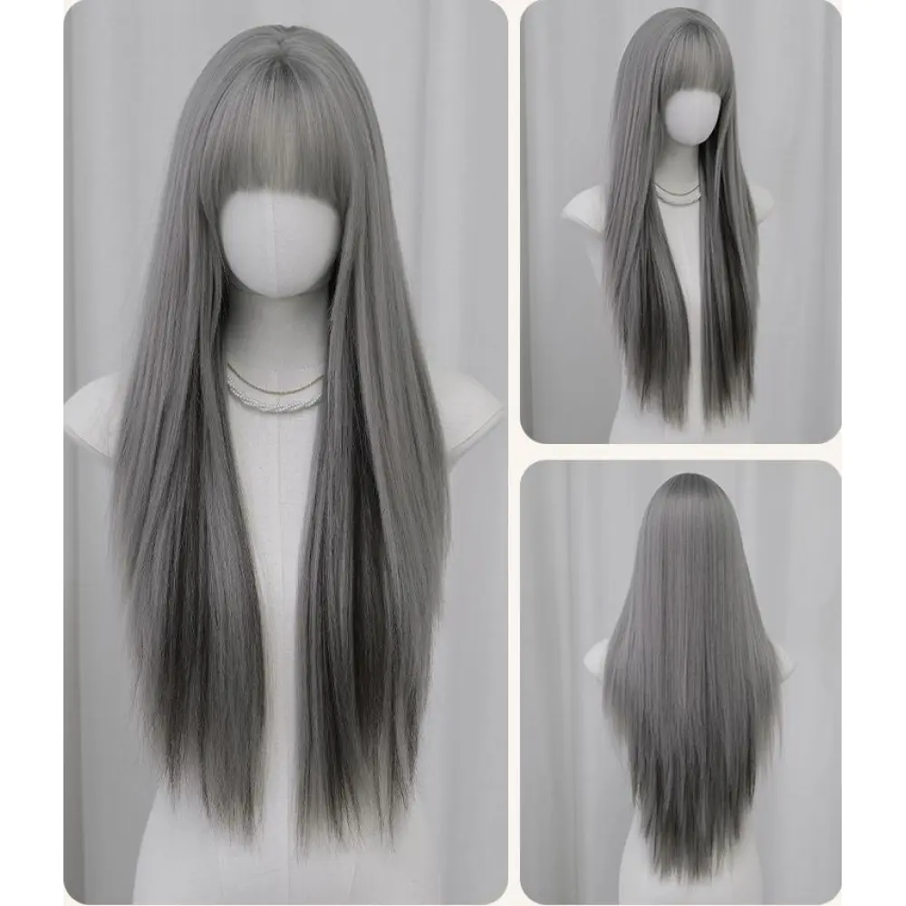Bangs silver grey dyed long hair wig
