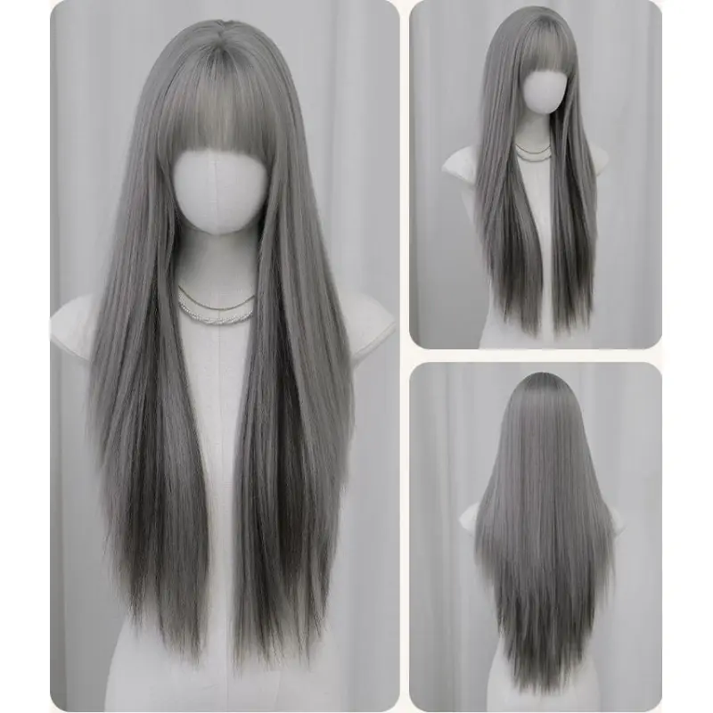 Bangs silver grey dyed long hair wig
