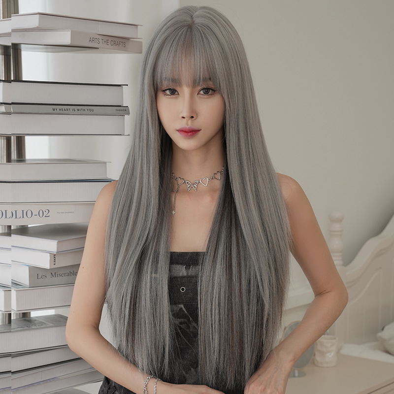 Bangs silver grey dyed long hair wig