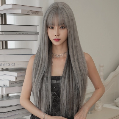 Bangs silver grey dyed long hair wig 01