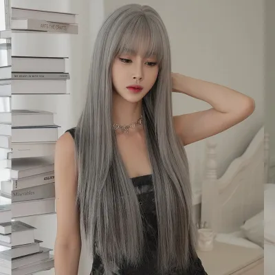 Bangs silver grey dyed long hair wig 02