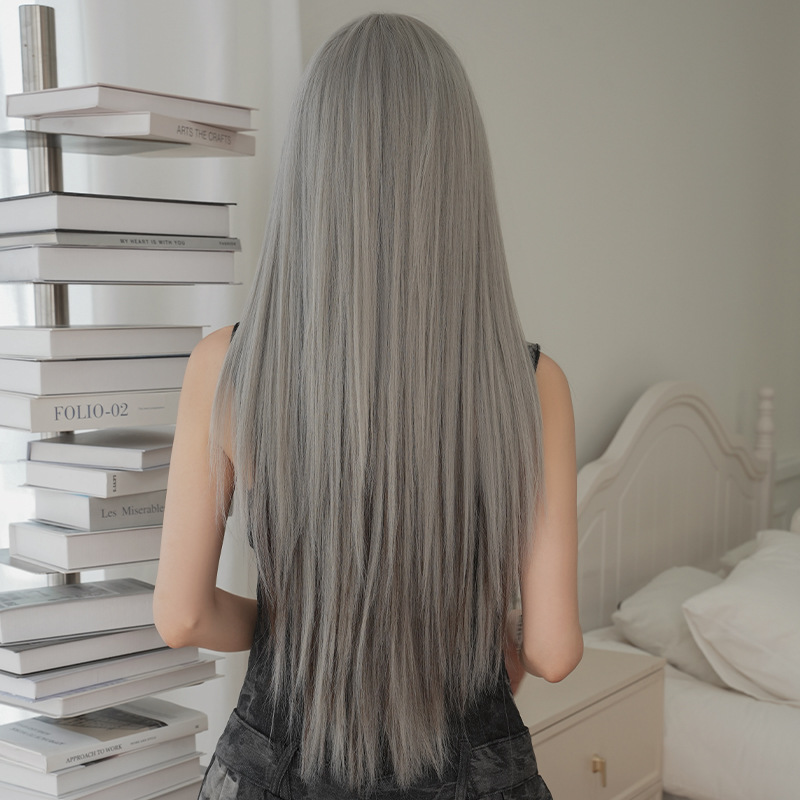 Bangs silver grey dyed long hair wig
