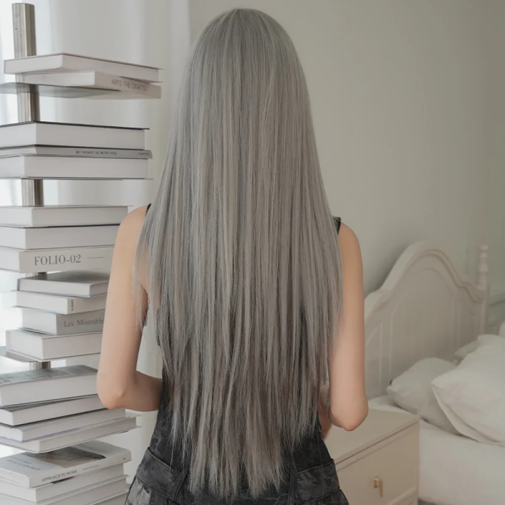 Bangs silver grey dyed long hair wig