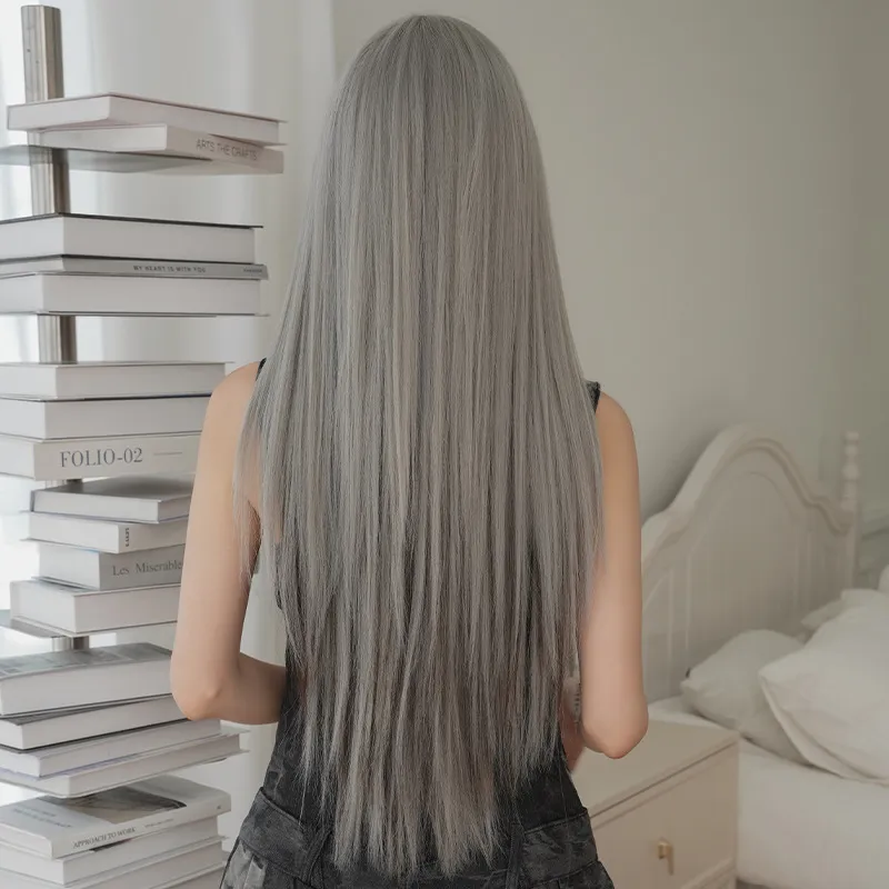 Bangs silver grey dyed long hair wig