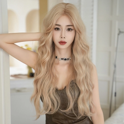 Cream gold synthetic wig for women with long curly hair,wig 01