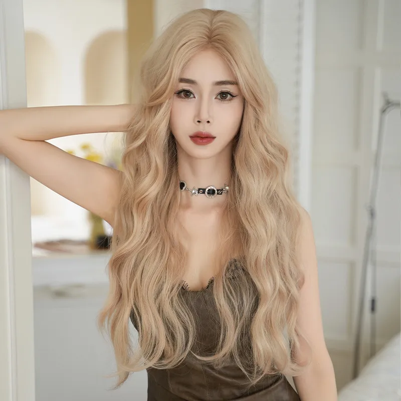 Cream gold synthetic wig for women with long curly hair,wig