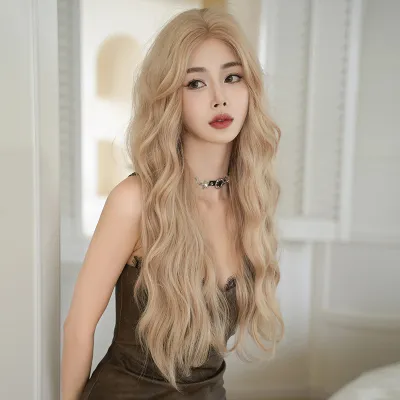 Cream gold synthetic wig for women with long curly hair,wig 02