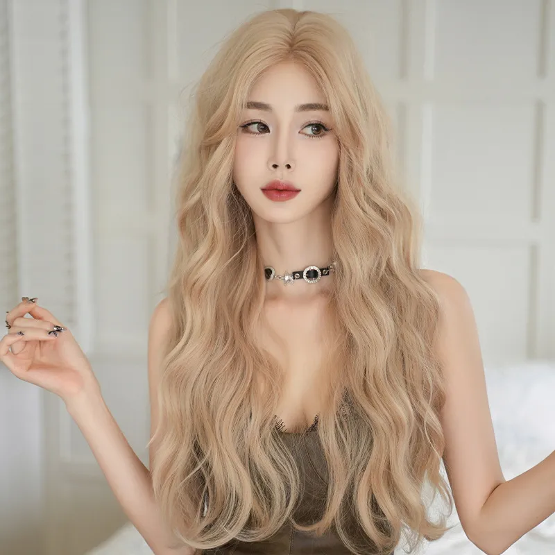 Cream gold synthetic wig for women with long curly hair,wig