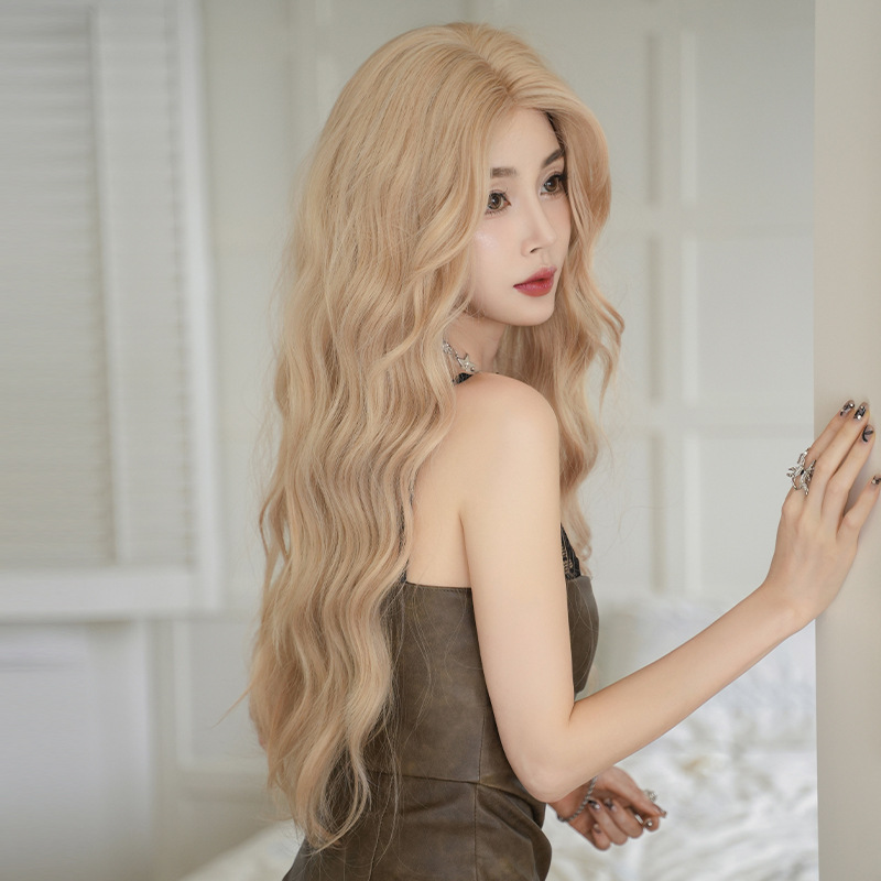 Cream gold synthetic wig for women with long curly hair,wig