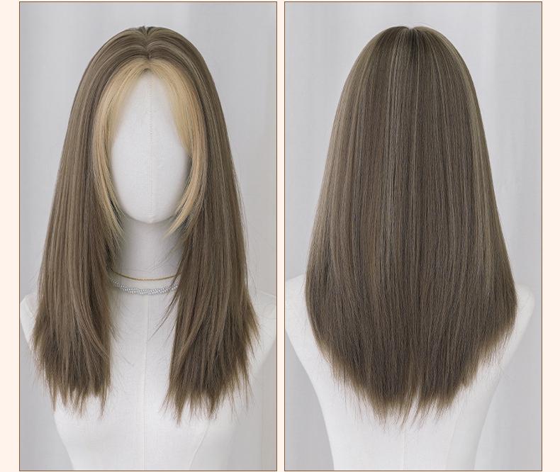 Grey brown medium long straight hair,wig