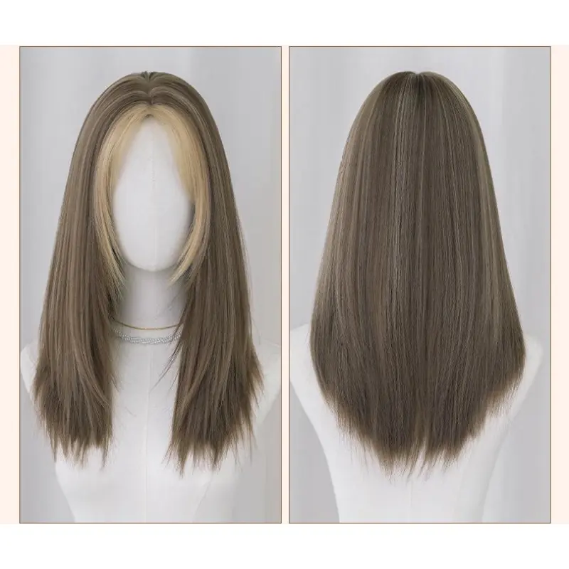 Grey brown medium long straight hair,wig