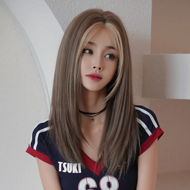 Grey brown medium long straight hair,wig