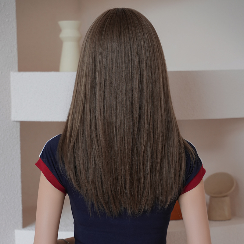 Grey brown medium long straight hair,wig