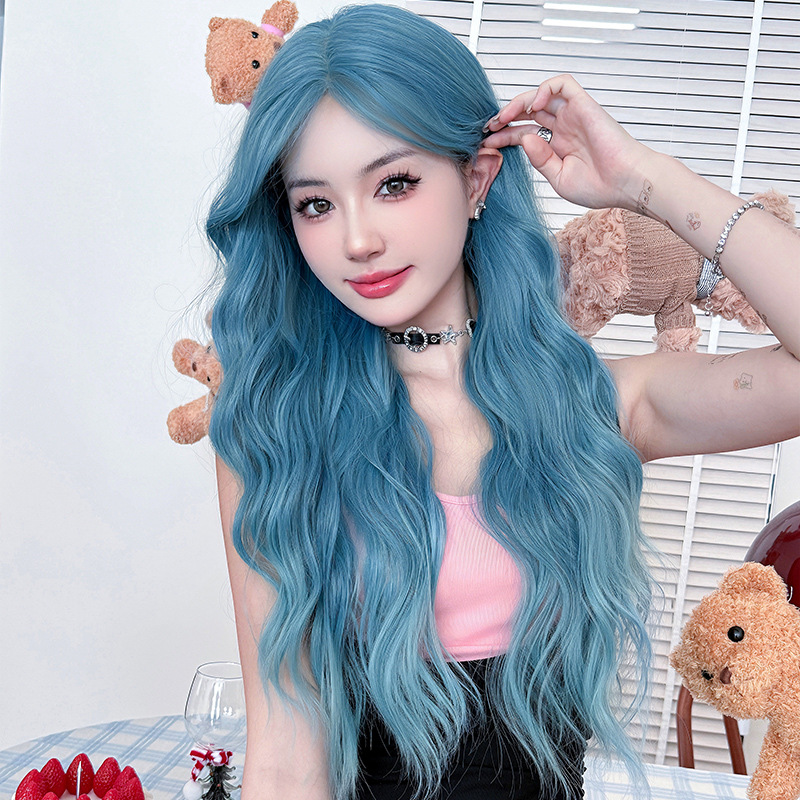 Lake blue gradient long curly hair,wig