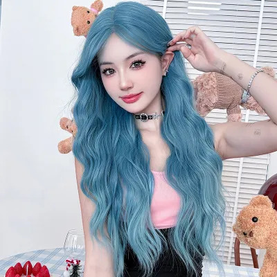 Lake blue gradient long curly hair,wig 02