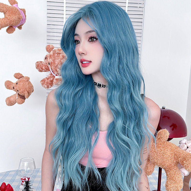 Lake blue gradient long curly hair,wig