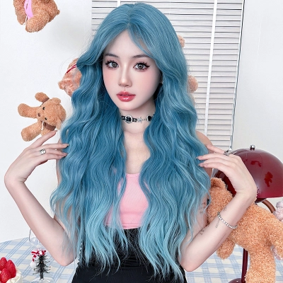 Lake blue gradient long curly hair,wig 01