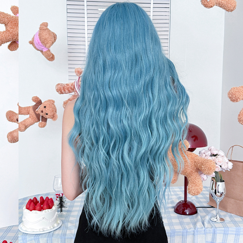 Lake blue gradient long curly hair,wig