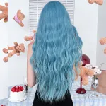 Lake blue gradient long curly hair,wig