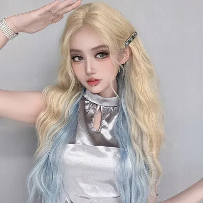 Rice white and blue medium highlights corn perm long curly hair,wig 01