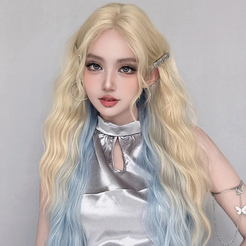 Rice white and blue medium highlights corn perm long curly hair,wig