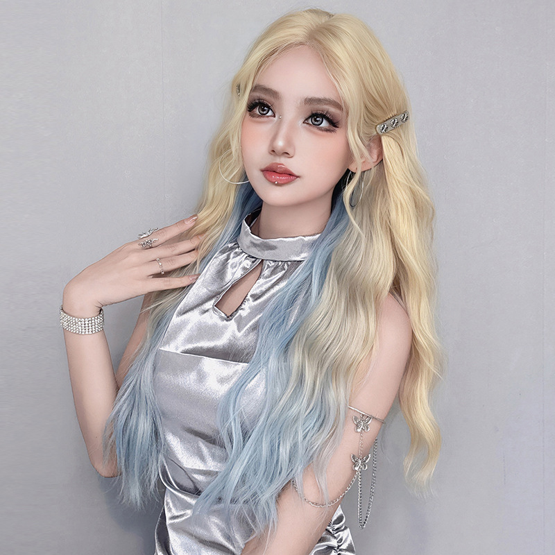 Rice white and blue medium highlights corn perm long curly hair,wig