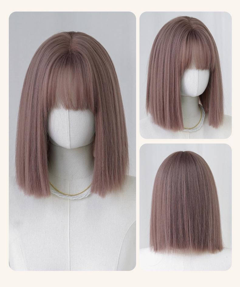 Short straight hair rose pink brown wig