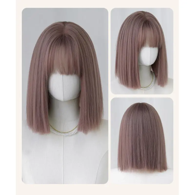 Short straight hair rose pink brown wig