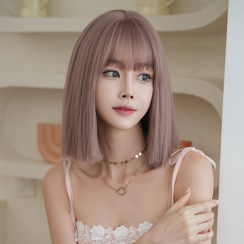 Short straight hair rose pink brown wig