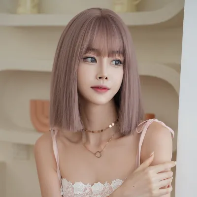 Short straight hair rose pink brown wig 01