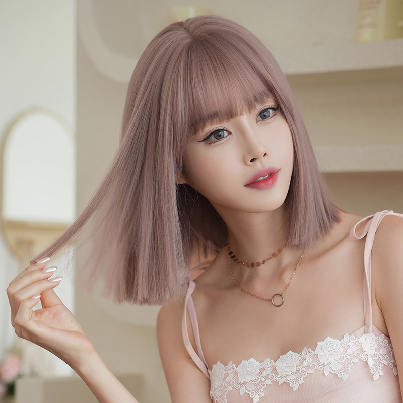 Short straight hair rose pink brown wig