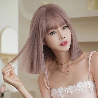 Short straight hair rose pink brown wig 02