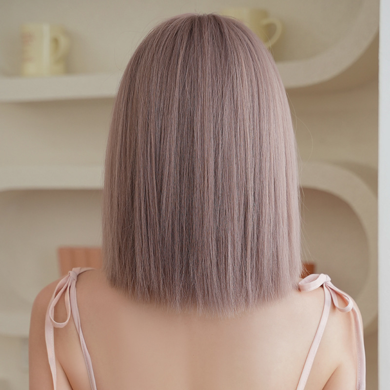 Short straight hair rose pink brown wig