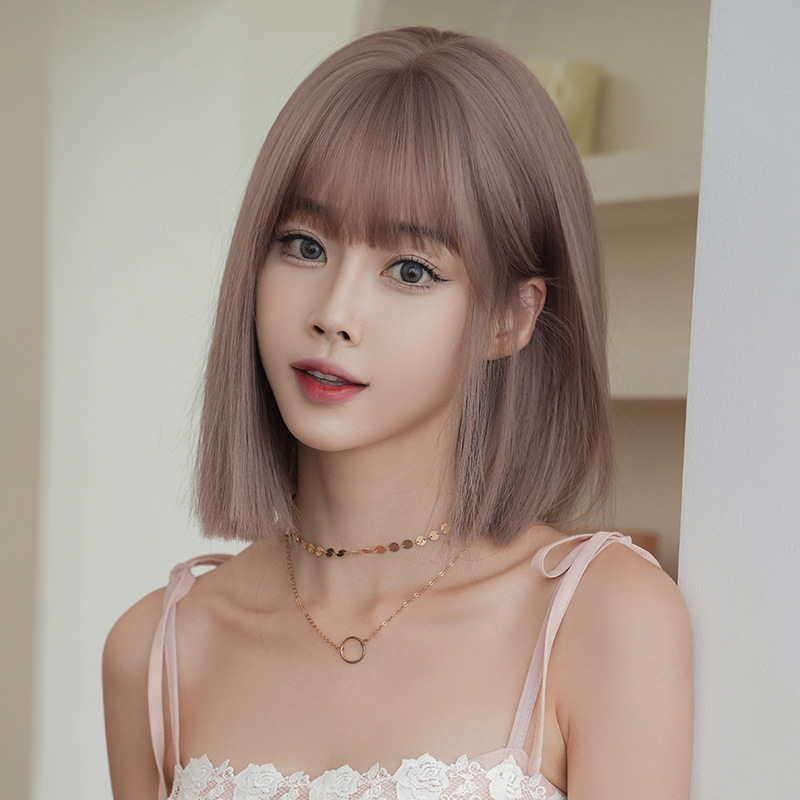 Short straight hair rose pink brown wig