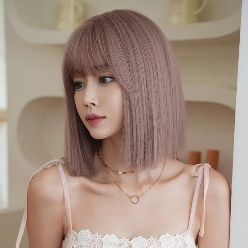 Short straight hair rose pink brown wig
